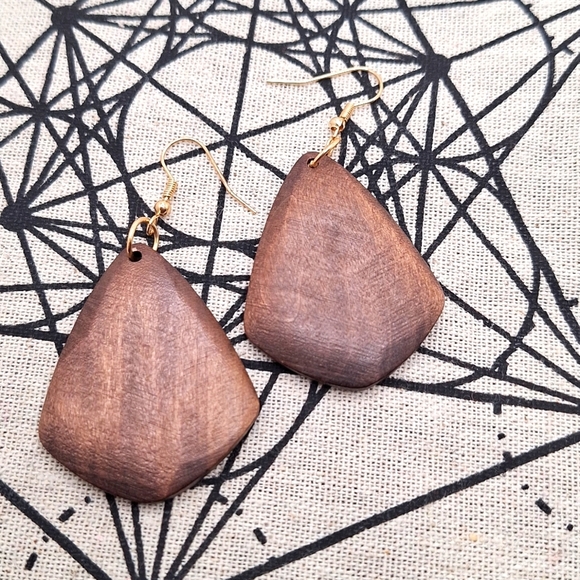Brown wood earrings diamond abstract geometric shape boho jewelry - Picture 1 of 5